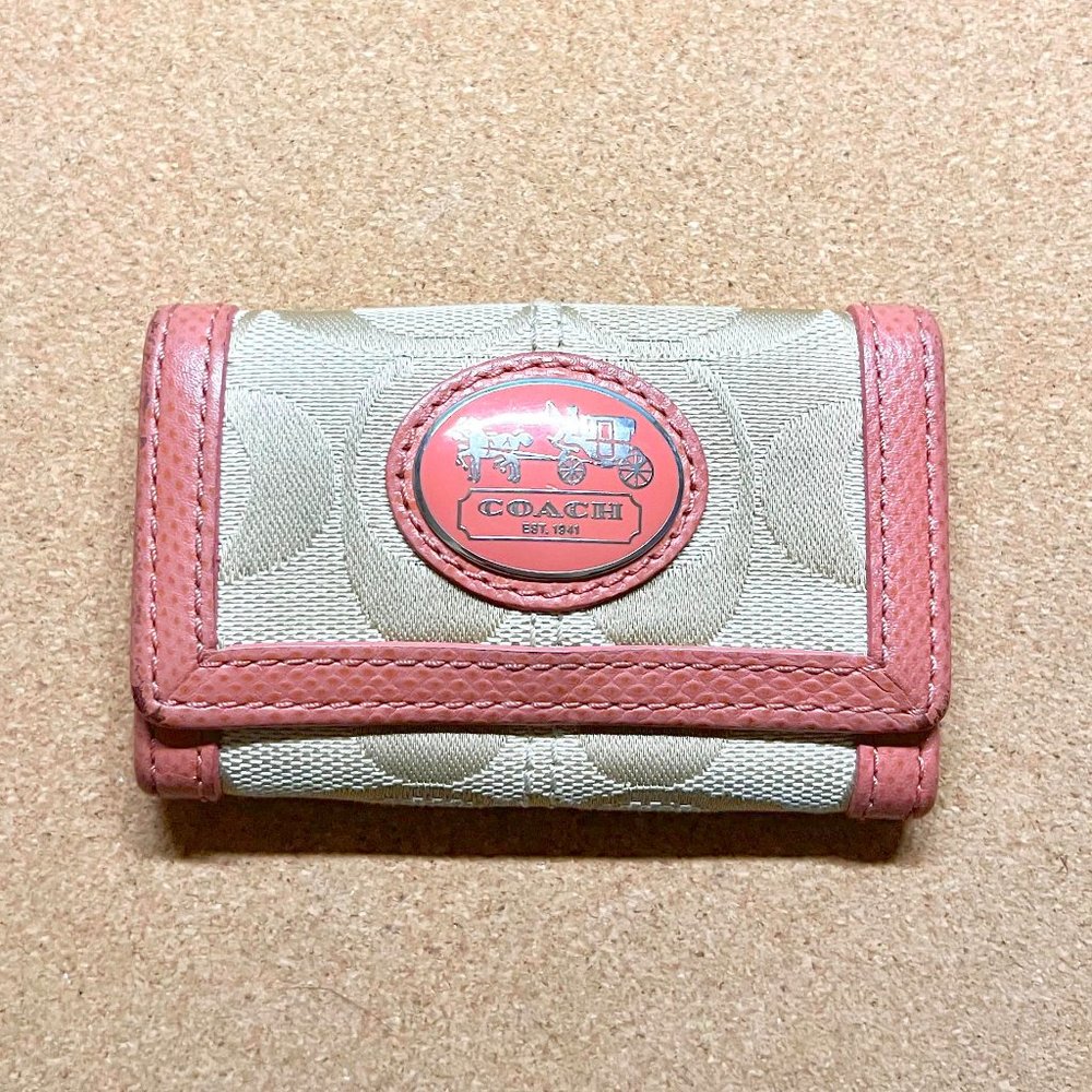 Coach Pink Brown/Tan Monogram Key Holder Wallet